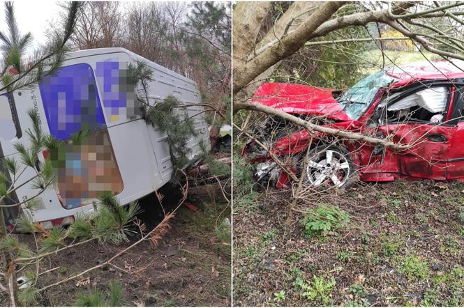 Potężne zderzenie busa i saaba pod Płockiem! Kierowcę osobówki zabrało pogotowie [ZDJĘCIA]