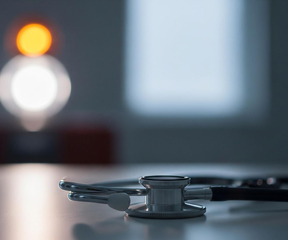 Stetoskop leży na jasnej powierzchni, zajmując większą część dolnej połowy kadru. Widoczne są metalowe elementy słuchawki oraz przewód w kolorze czarnym. Tło jest rozmyte, ukazując dwie jasne, okrągłe plamy światła: jedną pomarańczową u góry i jedną białą poniżej, na tle ciemniejszej, niebieskawo-szarej ściany. W tle po prawej stronie widać pionową, jaśniejszą prostokątną formę, prawdopodobnie okno.