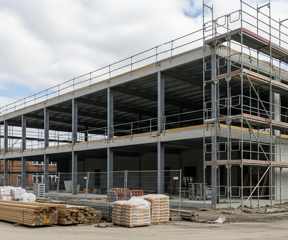 Niedokończony, dwupiętrowy budynek wznosi się na placu budowy, otoczony rusztowaniami i materiałami budowlanymi. Konstrukcja składa się z szarych, stalowych belek i betonowych płyt tworzących szkielet pięter. Na pierwszym planie widoczne są stosy desek, worków z cementem oraz metalowych prętów i ogrodzeń, natomiast w tle po lewej stronie znajduje się istniejący, dwupiętrowy budynek z wieloma oknami. Niebo jest częściowo zachmurzone, z dominującymi odcieniami bieli i błękitu.