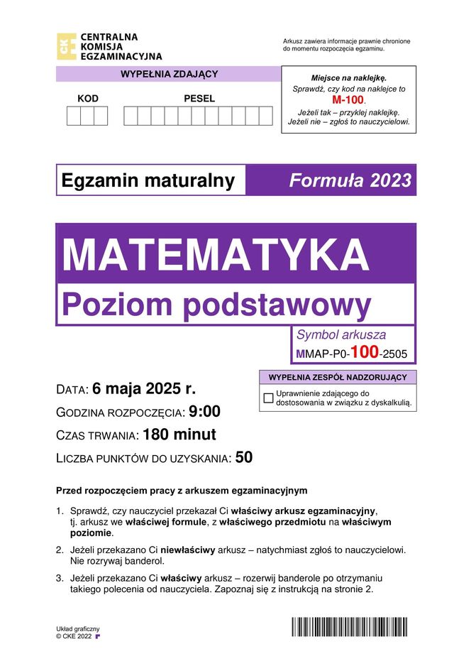 Matura 2025: matematyka 6.05.2025. Arkusze CKE i odpowiedzi. Poziom podstawowy 1 i 2 część [Formuła 2023]