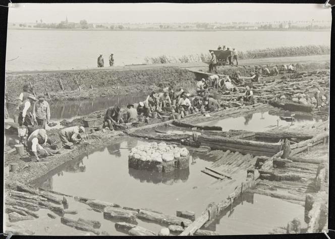 Prace archeologiczne, odkrywanie domów i wału obronnego, Biskupin 1934. 