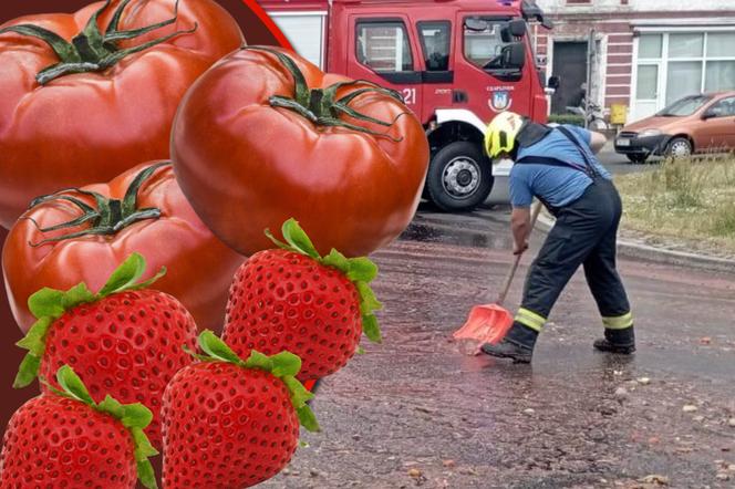 Pomidorowo-truskawkowa "masakra" w centrum miasta. Czerwona breja wylała się na drogę