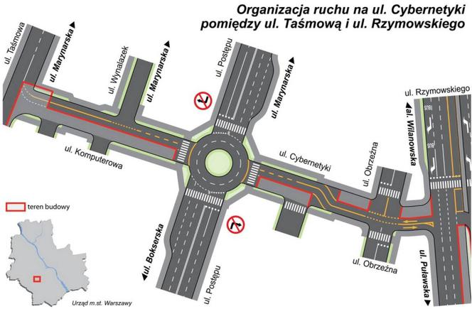 Warszawa: Organizacja ruchu na ul. Cybernetyki