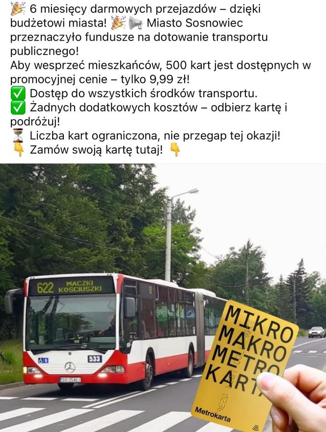 ałszywe reklamy sugerujące możliwość skorzystania z darmowego transportu po zakupie specjalnej karty podróżnej GZM