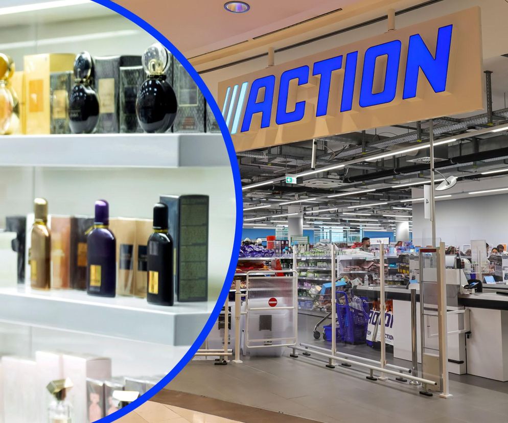 Połączenie zdjęcia półek ze sklepów perfumeryjnych i wnętrza sklepu Action. Na półkach widoczne są flakony perfum, w tym luksusowe marki.  Zdjęcie ilustruje artykuł na temat taniego zamiennika perfum Tom Ford Tobacco Vanille, dostępnego w Action za 13 zł, a porównywanego z oryginałem, kosztującym 1700 zł. Więcej na ten temat przeczytasz na portalu Super Biznes.