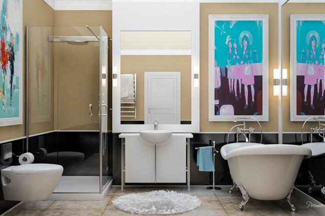 Projekt wnętrz stylowa łazienka z dziełami sztuki