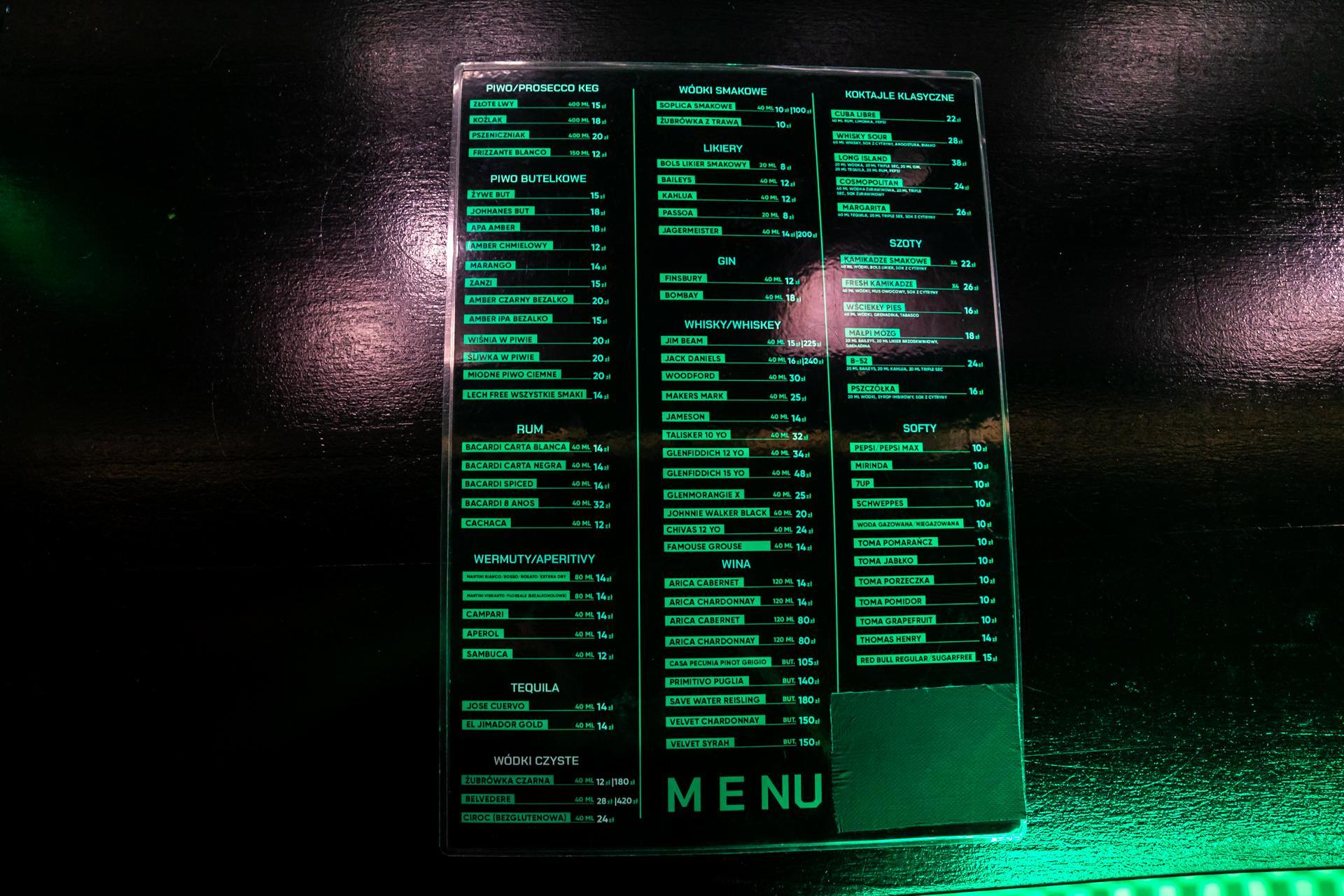 Pub H.4.0.S. Warszawa – menu