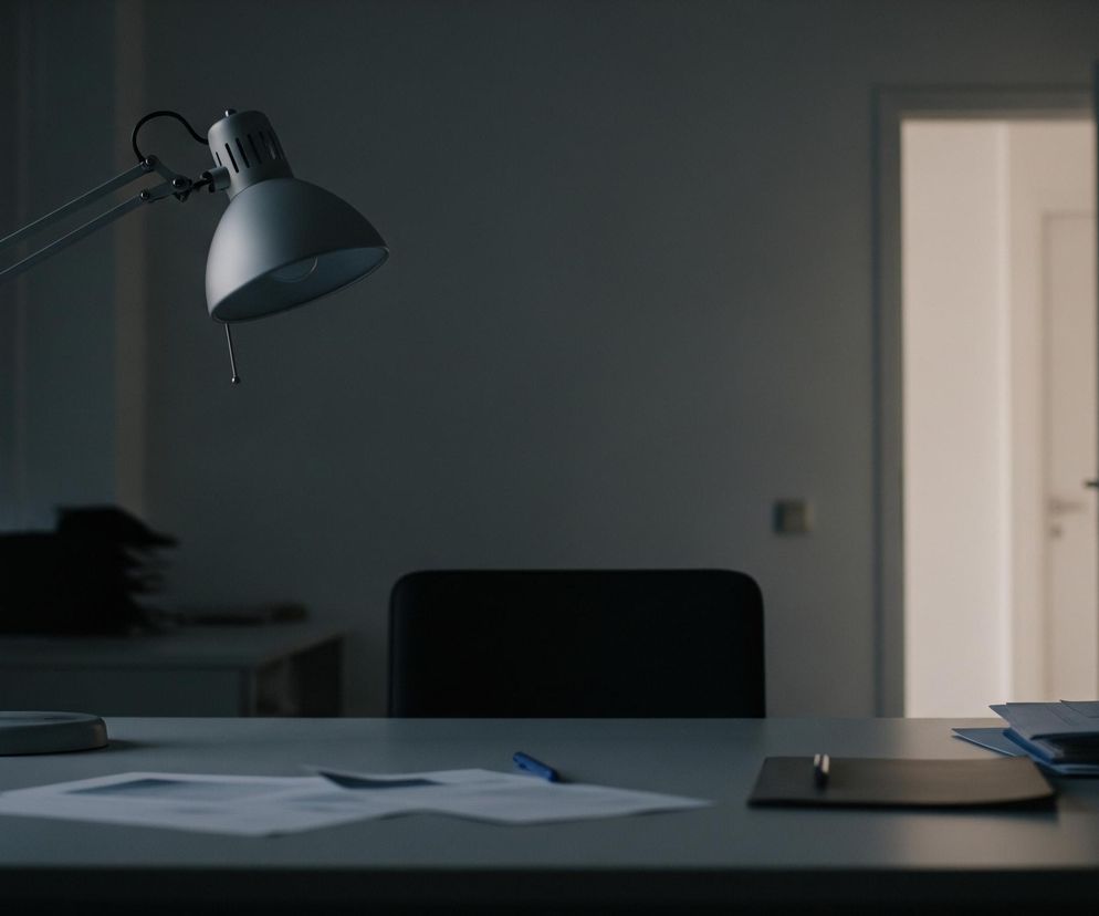 Na pierwszym planie, z lewej strony, stoi szara lampa biurkowa o przegubowym ramieniu, skierowana kloszem w prawą stronę. Na biurku, przed lampą, leżą białe kartki papieru i niebieski długopis, a nieco dalej w prawo widoczna jest stos niebieskich dokumentów i teczka. W tle, centralnie, znajduje się ciemne oparcie krzesła biurowego, a za nim ciemnoszara ściana. Po lewej stronie widać pionowe, jasne pasy światła wpadającego przez okno, a po prawej uchylone drzwi, prowadzące do jasnego pomieszczenia.