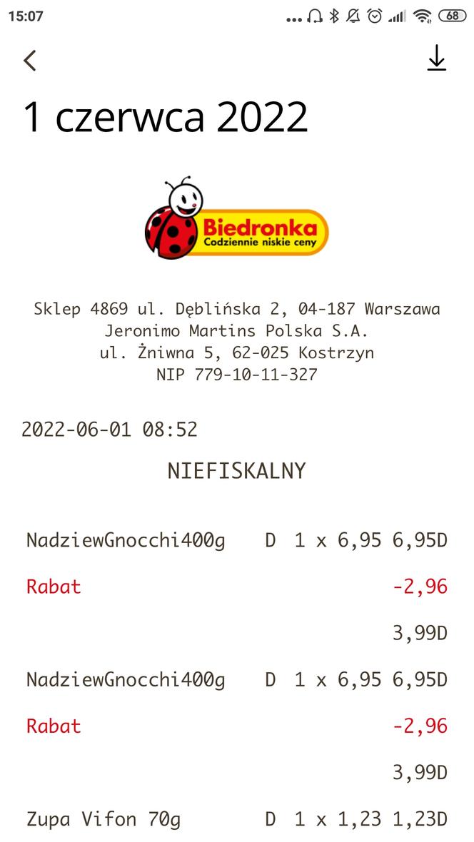 Rachunek w aplikacji Biedronki
