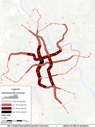 Prognozowane potoki pasażerskie w sieci metra warszawskiego w 2050 r. w godzinach szczytu