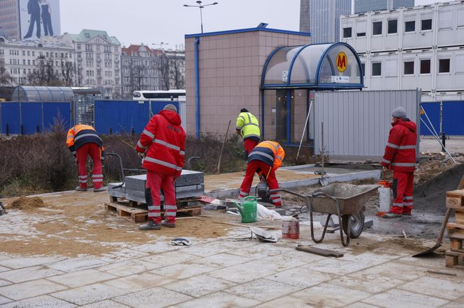 Budowa łąki kwietnej przy wejściu do metra Centrum w Warszawie