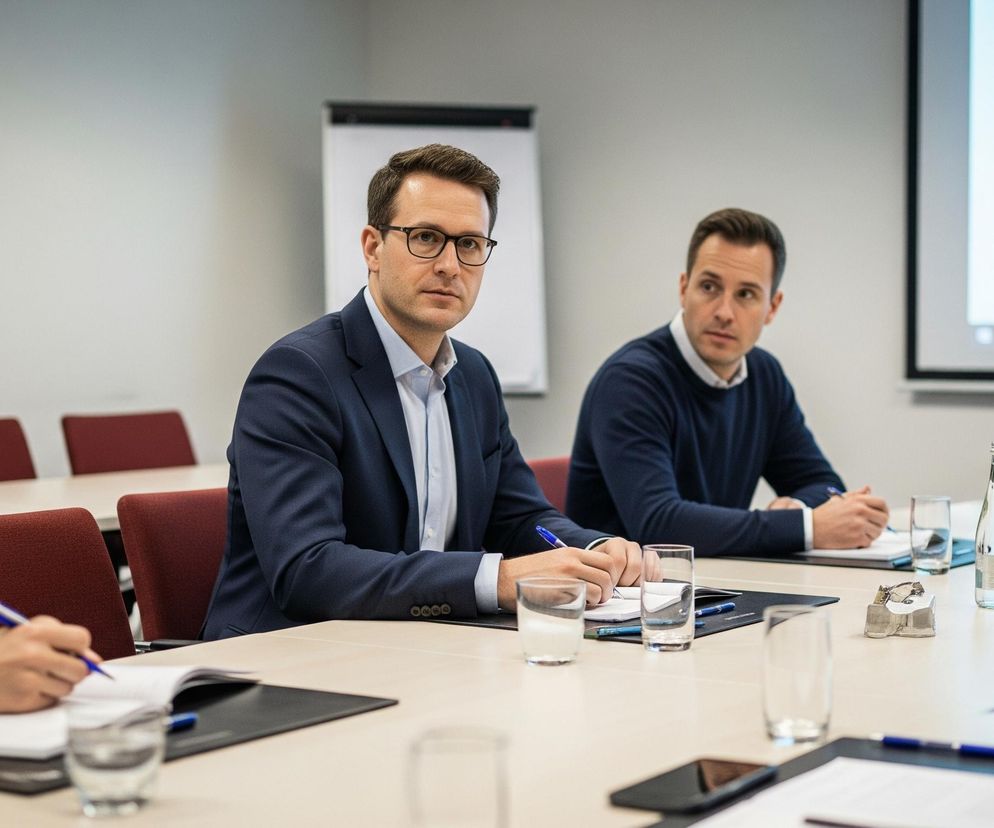 W centrum kadru znajduje się mężczyzna w granatowej marynarce i koszuli, noszący okulary, patrzący bezpośrednio w obiektyw. Siedzi przy jasnym, beżowym stole konferencyjnym, na którym leżą notatniki, długopisy i szklanki z wodą. Po jego lewej stronie widoczna jest kobieta w ciemnej marynarce, pisząca niebieskim długopisem w otwartym zeszycie. Za mężczyzną w granatowej marynarce widać kolejnego mężczyznę w granatowym swetrze, który patrzy w prawo, a za nim duży ekran projekcyjny z niebieską, abstrakcyjną grafiką. W tle, na ścianie, po lewej stronie kadru, widać białą tablicę typu flipchart.
