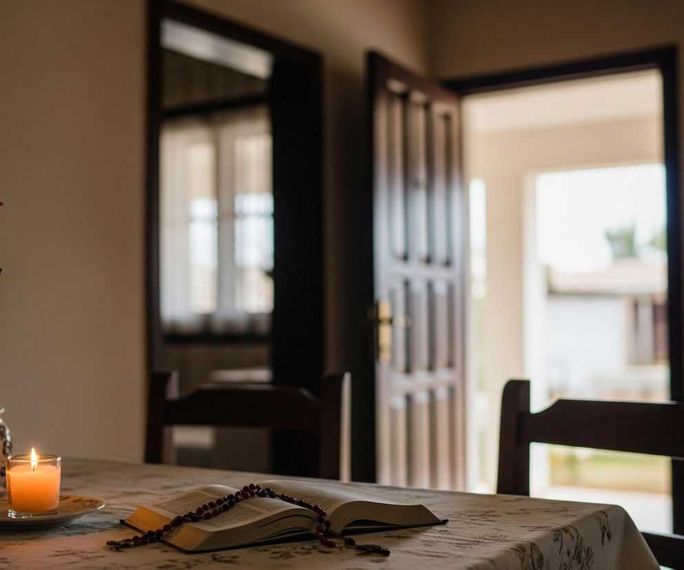 Na pierwszym planie, na drewnianym stole pokrytym jasnym obrusem w delikatny wzór, leży otwarta książka. Obok niej znajduje się różaniec z ciemnych koralików. Po lewej stronie stołu stoi szklany wazon z bukietem róż o płatkach w odcieniach czerwieni, różu i bieli, a obok niego świeca w szklanym pojemniku na małym talerzyku, emitująca ciepłe, pomarańczowe światło. Za wazonem widoczny jest ceramiczny dzbanek z pokrywką, ozdobiony ciemnym wzorem. W tle, po prawej stronie, otwarte ciemne drzwi prowadzą do jaśniejszego pomieszczenia lub na zewnątrz, ukazując zamazany widok na jasne ściany i zieleń. Po lewej stronie, również w tle, widać fragment ciemnej futryny lustra lub obrazu, odbijającego wnętrze.