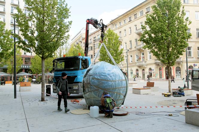 Instalacja artystyczna "Pisklę" podczas montażu