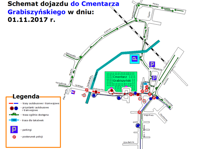 Schemat dojazdu samochodem do Cmentarza Grabiszyńskiego