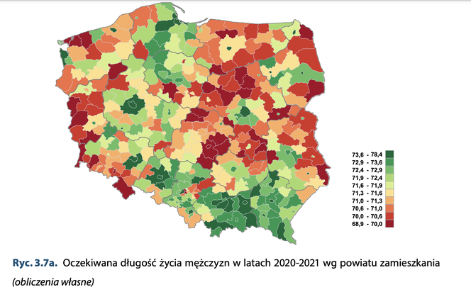 Mapa średniej wieku mężczyzn w Polsce