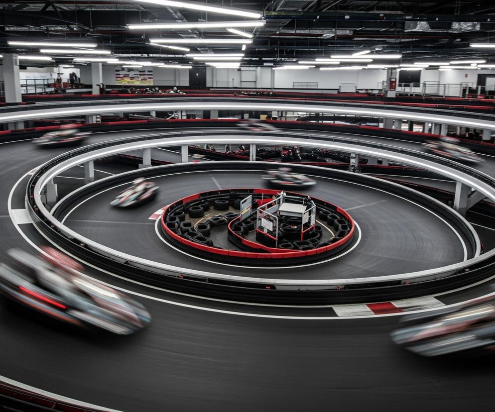 Tor kartingowy w pomieszczeniu, z wieloma gokartami pędzącymi po zakrętach. Tor ma spiralną konstrukcję, z dwoma poziomami, gdzie niższy poziom owija się wokół centralnego, podwyższonego obszaru z ułożonymi oponami. Dominują ciemne kolory asfaltu, czerwone krawężniki i białe linie, a kontrastują z nimi jasne, poziome lampy fluorescencyjne na czarnym suficie. Rozmycie ruchu gokartów podkreśla dynamikę sceny, a ich czerwone i białe akcenty są ledwo rozpoznawalne na tle ciemnych maszyn.