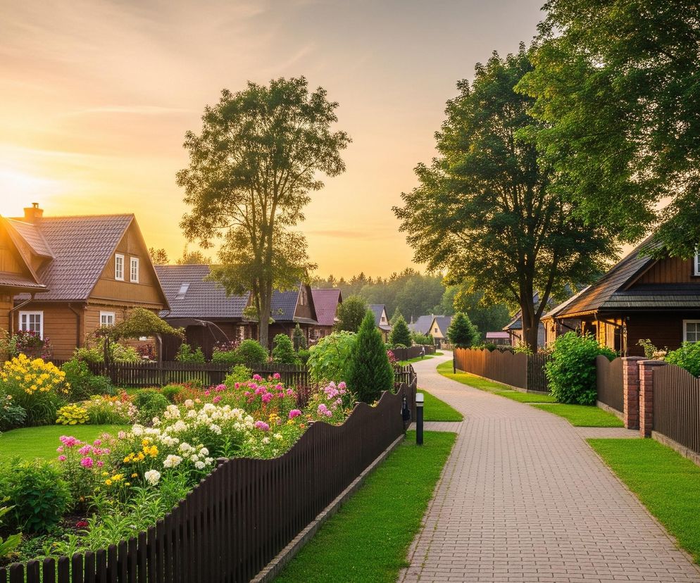 Centralnym elementem obrazu jest brukowana ścieżka, która wije się przez wiejską osadę, otoczoną bujną zielenią. Po obu stronach ścieżki rozciągają się starannie utrzymane trawniki i ogrody pełne kwitnących roślin w odcieniach różu, żółci i bieli, zabezpieczone drewnianymi płotami w ciemnym brązie. Wzdłuż alei stoją tradycyjne drewniane domy z ciemnymi dachami i białymi oknami, niektóre oświetlone ciepłym, złotym blaskiem zachodzącego słońca, które maluje niebo w pastelowe pomarańcze i żółcie. Wysokie drzewa o gęstych, zielonych liściach rzucają długie cienie, dodając głębi i spokoju scenie.