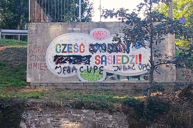 Mozaika "Cześć sąsiedzi" zniszczona