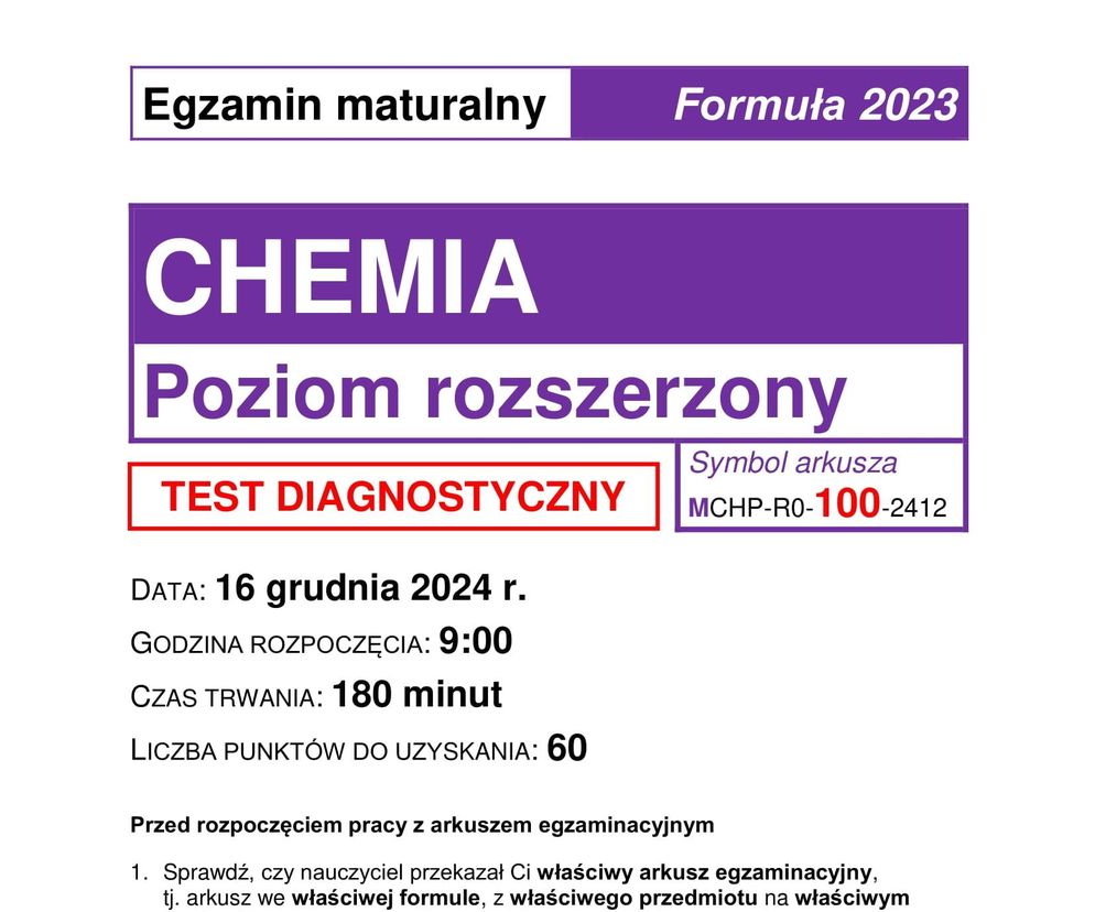 Matura próbna chemia 2024 - ARKUSZE CKE, ODPOWIEDZI, ZADANIA, PDF