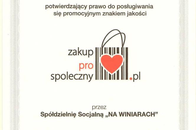 Certyfikat dla Spółdzielni Socjalnej Na Winiarach