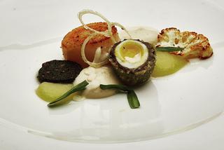 Jajko szkockie w kaszance z przegrzebkiem, puree kalafiorowym i musem z jabłka