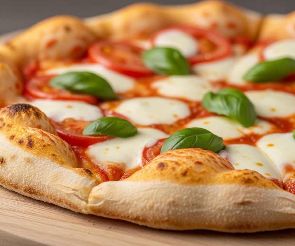 Widoczna jest okrągła pizza Margherita, ułożona na drewnianej desce. Pizza ma puszysty, złocistobrązowy brzeg z miejscowymi przypaleniami. Na środku pizzy znajduje się czerwony sos pomidorowy, równomiernie pokrywający ciasto, na którym rozłożone są białe kawałki sera mozzarella, częściowo stopione i lekko rozciągnięte. Pomiędzy kawałkami sera i plastrami pomidorów umieszczono świeże, zielone listki bazylii.