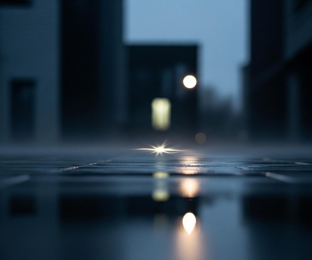 Kadr przedstawia mokrą, brukowaną powierzchnię ulicy lub placu, z widocznym odbiciem świateł w wodzie. Na pierwszym planie, centralnie, jasne, rozproszone światło z efektem gwiazdy odbija się od tafli wody. Powyżej tego odbicia widać to samo światło, ale już rozmyte. Dalszy plan jest ciemny i rozmazany, z niewyraźnymi sylwetkami budynków w kolorach ciemnoniebieskim i szarym, oraz kilkoma okrągłymi i prostokątnymi, żółto-białymi plamami światła, które również odbijają się w kałużach. Całość utrzymana jest w chłodnych, ciemnych barwach, sugerujących noc lub zmierzch.