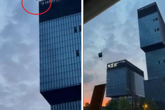 Szok! Weszli na najwyższy budynek w Katowicach i skoczyli ze spadochronem. Gdzie była ochrona? [WIDEO]