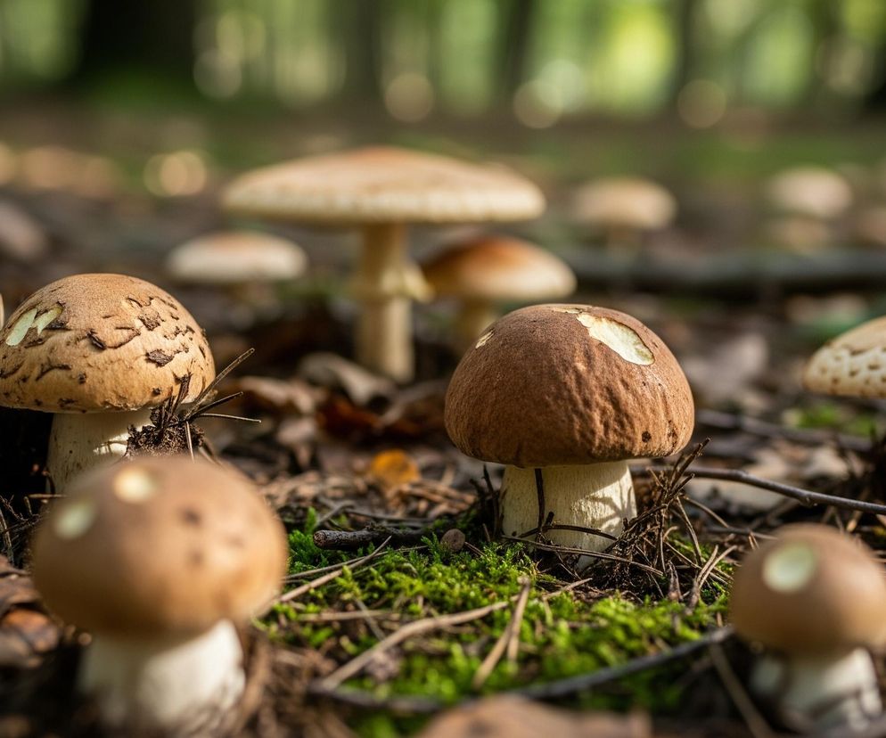 W lesie, na leśnym dnie pokrytym mchem, igliwiem, gałązkami i suchymi liśćmi, rosną grzyby. Na pierwszym planie, lekko rozmyte, znajduje się kilka młodych grzybów z brązowymi kapeluszami i białymi trzonami. W centrum, ostro zogniskowane, widoczne są trzy grzyby o różnej wielkości, z których jeden ma uszkodzony kapelusz. Tło wypełniają niewyraźne sylwetki drzew i dalsze, rozmyte grzyby, rozświetlone promieniami słońca przenikającymi przez korony drzew.