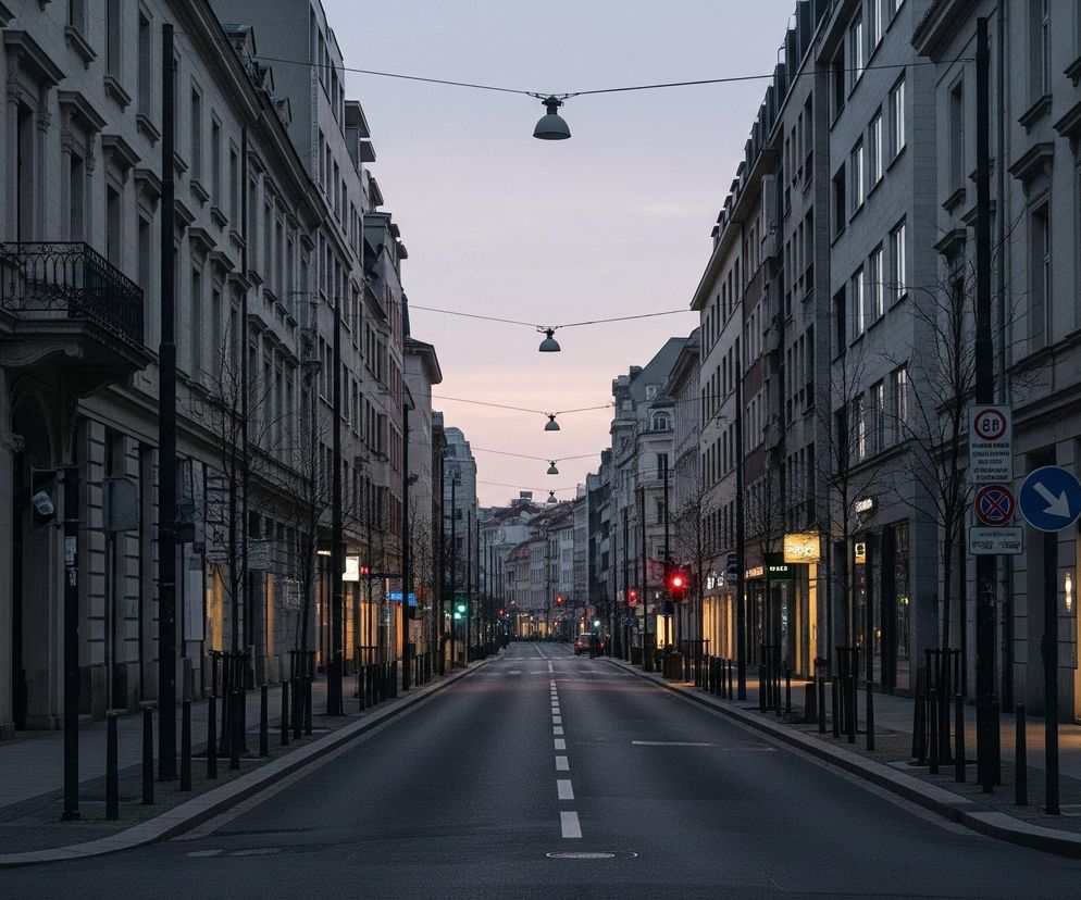 Długa, prosta ulica miejska biegnie przez środek kadru, otoczona po obu stronach wysokimi, starymi kamienicami o jasnych fasadach, z licznymi oknami i ozdobnymi detalami. Niebo na horyzoncie przybiera delikatny różowo-pomarańczowy odcień, przechodzący w jaśniejszy błękit ku górze, co wskazuje na wczesny ranek lub późny wieczór. Na ulicy widoczne są białe przerywane linie, prowadzące w dal, a wzdłuż chodników stoją słupki oraz drzewa o nagich gałęziach. Kilka sklepów na parterach budynków ma podświetlone witryny, rzucające ciepłe, żółte światło na chodnik. W oddali dostrzegalne są sygnalizacje świetlne, niektóre świecą na czerwono, inne na zielono, oraz pojedyncze lampy uliczne wiszące na przewodach rozciągniętych nad jezdnią.