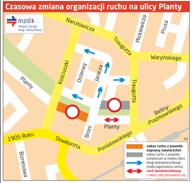 Uwaga kierowcy! W poniedziałek będą utrudnienia w ruchu na fragmencie ulicy Planty w Radomiu