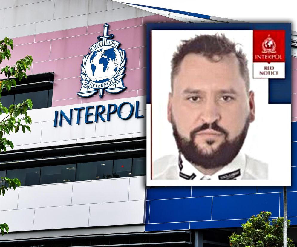 Siedziba Interpolu z widocznym logo i nazwą instytucji, oraz wklejone zdjęcie Marcina Pióro, prezesa Cinkciarz.pl, poszukiwanego czerwoną notą Interpolu za oszustwa. Więcej o tej sprawie na Super Biznes.