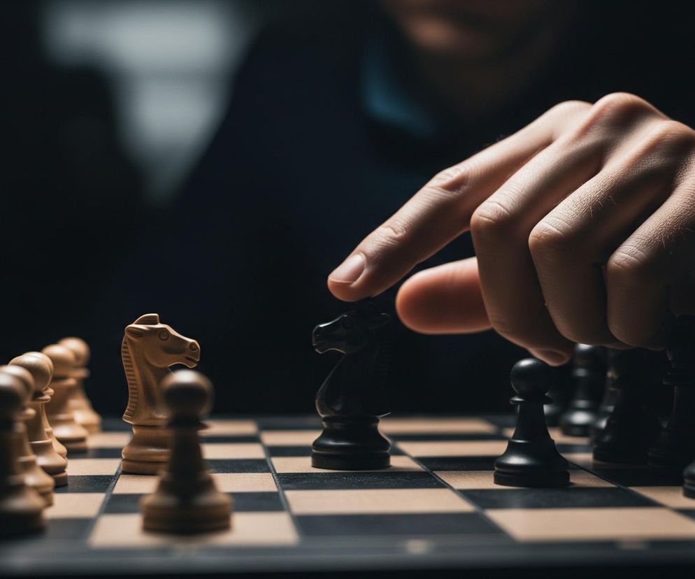 Fragment szachownicy z pionkami i ręką wykonującą ruch. Prawa dłoń, z widocznymi zmarszczkami na skórze i jasnymi paznokciami, chwyta czarnego gońca, unosząc go delikatnie nad beżowo-czarnymi polami. Na pierwszym planie, po lewej stronie, stoją beżowe figury szachowe, w tym charakterystyczny koń, natomiast po prawej stronie widać szereg czarnych figur. Tło jest ciemne i rozmyte, z niewyraźną sylwetką osoby w ciemnej koszuli.