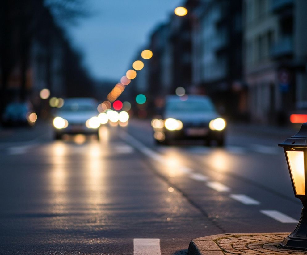 Po prawej stronie, na pierwszym planie, stoi zapalona ciemna latarnia uliczna o klasycznym kształcie, emitująca ciepłe, żółte światło. Dalej rozciąga się ulica z dwoma pasami ruchu, po których jadą samochody z włączonymi światłami, tworząc rozmyte smugi światła. W tle widoczne są niewyraźne budynki i rząd ulicznych latarni, dających rozmyte, okrągłe punkty światła wzdłuż drogi. Ogólny nastrój jest wieczorny lub nocny, z przewagą ciemnych błękitów i szarości, kontrastujących z jasnymi punktami świateł.