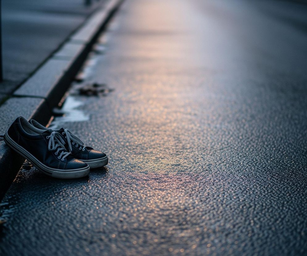 Na obrazie widoczne są dwie czarne buty typu sneakers z białymi sznurówkami i podeszwami, leżące na krawędzi chodnika i jezdni. Powierzchnia drogi jest mokra i odbija światło w ciepłych odcieniach pomarańczu i różu po lewej stronie, przechodząc w chłodne błękity i szarości ku prawej stronie. Tło jest rozmyte, ukazując kontury krawężnika i ciemnej, mokrej nawierzchni ulicy, z widocznymi refleksami światła tworzącymi efekt bokeh.
