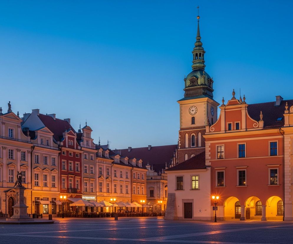 Rynek miejski otoczony wielobarwnymi kamienicami oświetlonymi przez latarnie uliczne i światła z wnętrz, dominujący w centrum wysoki, zabytkowy budynek z zielonym, wielopoziomowym dachem i zegarami na fasadzie. Po lewej stronie widać rzeźbioną fontannę z posągiem, a przed kamienicami rozciąga się przestronny, brukowany plac z rzędami parasoli kawiarnianych. Niebo, o barwie ciemnego błękitu, świadczy o późnej porze.