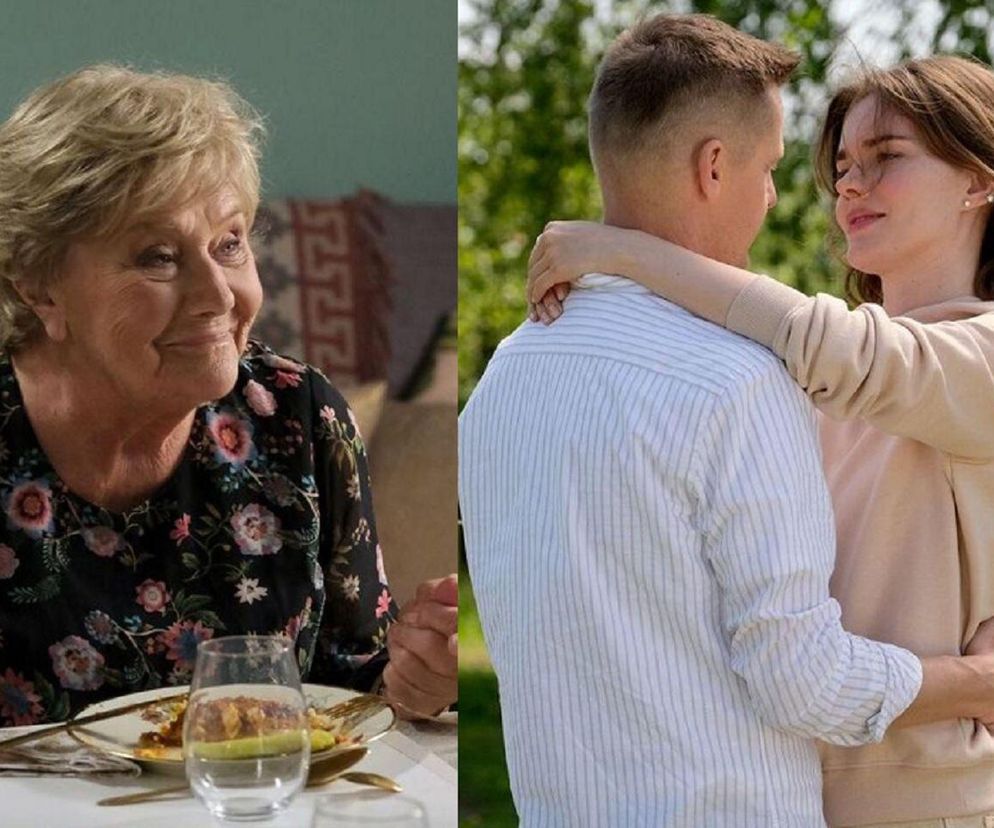 Barbara Mostowiak uśmiecha się przy stole, z lewej, i zakochani Franka (Dominika Kachlik) i Paweł (Rafał Mroczek) obejmują się czule, z prawej. Zduńscy z M jak miłość spełnią marzenie o własnym domu, o czym przeczytasz na Super Seriale.