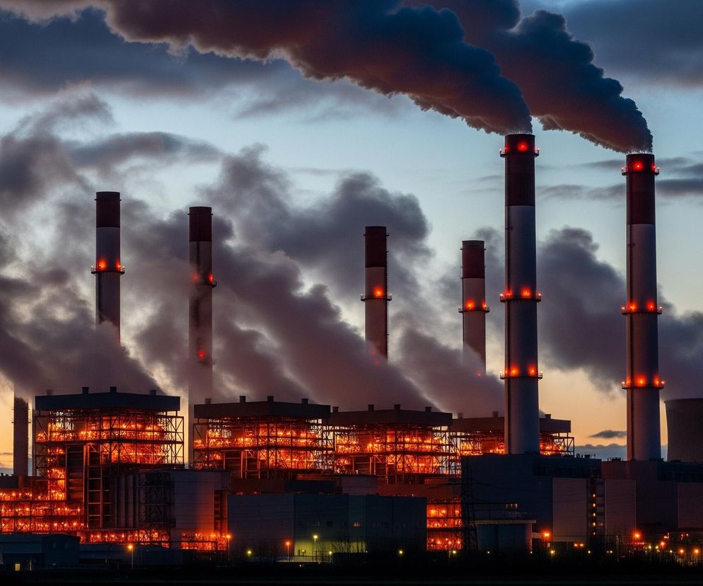 Rozległa elektrownia widoczna jest o zmierzchu, dominując horyzont z sześcioma wysokimi kominami, z których pięć wylewa ciemny dym w zachmurzone niebo. Kominy mają czerwono-białe pasy i są oświetlone pomarańczowymi światłami bezpieczeństwa. Główne budynki elektrowni, złożone z kratownicowych konstrukcji i solidnych brył, świecą intensywnym pomarańczowym światłem od wewnątrz, kontrastując z ciemnymi sylwetkami. Po prawej stronie zdjęcia widać dużą chłodnię kominową oraz wieże wysokiego napięcia. Horyzont na lewej stronie jest zabarwiony odcieniami pomarańczu i błękitu, przechodząc w ciemniejsze błękity i szarości ku górze, gdzie gęste chmury dymu mieszają się z naturalnymi obłokami.