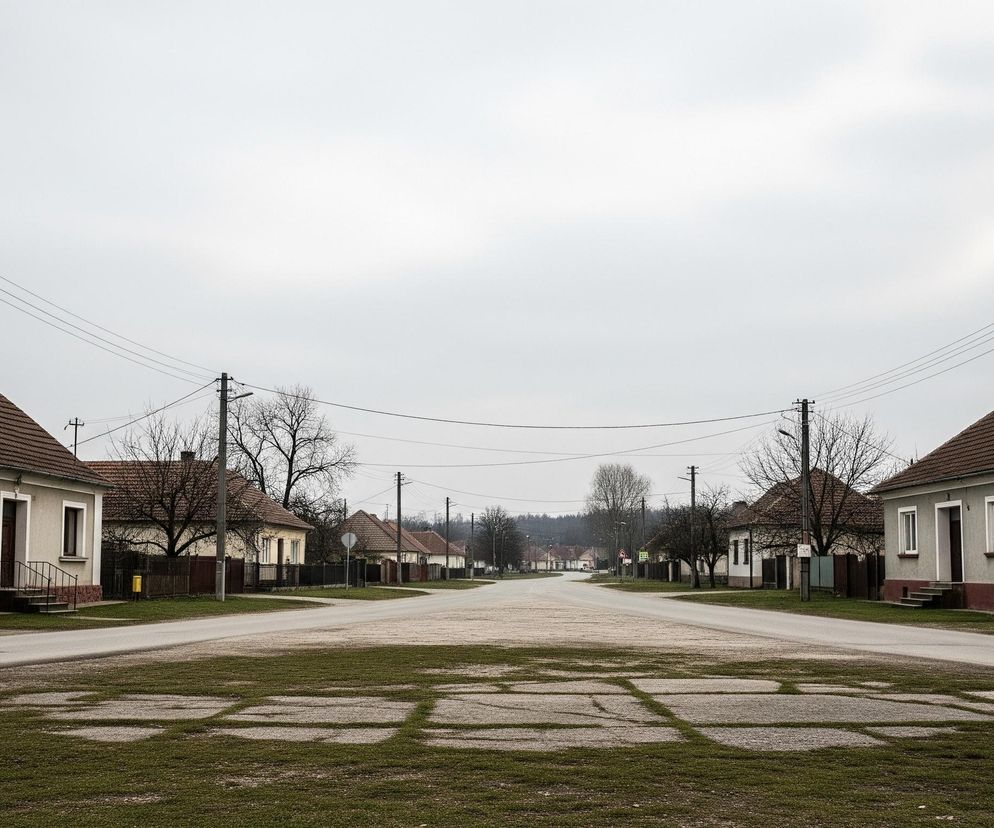 Szeroką, prostą drogę wiejską, rozgałęziającą się w kształcie litery „Y”, biegnącą w dal pod szarym, zachmurzonym niebem. Po obu stronach drogi stoją rzędy domów o jasnych elewacjach i brązowych, spadzistych dachach z dachówek, przedzielone drewnianymi ogrodzeniami i drzewami bez liści. Na pierwszym planie, pośrodku rozwidlenia, znajduje się obszar pokryty trawą, z widocznymi śladami po dawnych, kwadratowych płytach chodnikowych, a wzdłuż całej ulicy widać słupy energetyczne z biegnącymi przewodami.