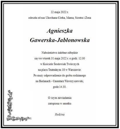 Pogrzeb Agnieszki Gawerskiej-Jabłonowskiej: szczegóły