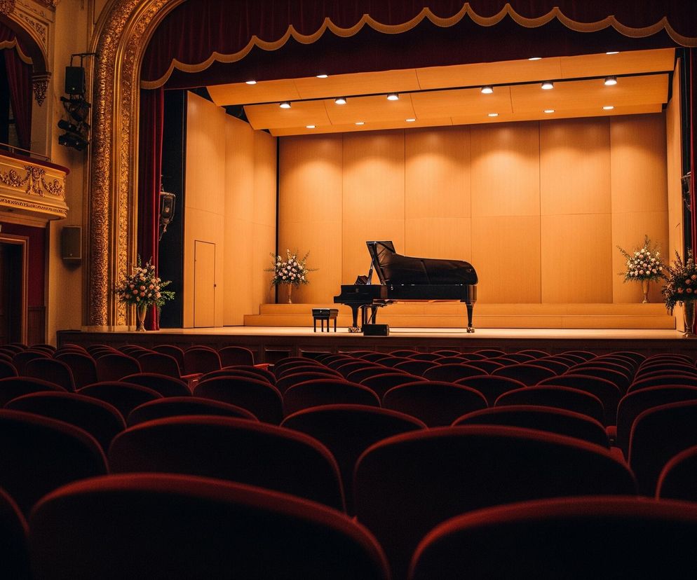 Widoczna jest pusta sala koncertowa lub teatralna, z rzędami czerwonych, aksamitnych krzeseł na pierwszym planie, skierowanych w stronę sceny. Na scenie, oświetlonej ciepłym, pomarańczowym światłem padającym od góry, stoi czarny fortepian skrzydłowy z otwartą klapą oraz mały, czarny taboret. Po obu stronach sceny, przy ścianach, ustawiono eleganckie kompozycje kwiatowe w wazonach. Kurtyna za sceną jest czerwona, z ozdobnym, falistym brzegiem, a po bokach widoczne są złote, rzeźbione elementy architektoniczne, charakteryzujące klasyczny wystrój.