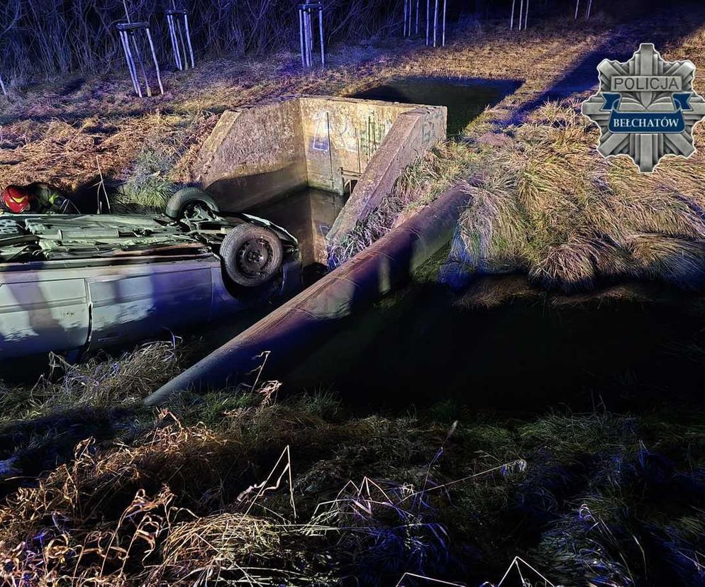 Pijany kierowca wjechał do parku w Bełchatowie i dachował w rzece