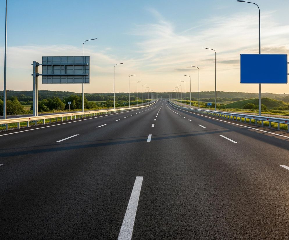 Czarna autostrada rozciąga się w głąb obrazu, podzielona na kilka pasów ruchu białymi, przerywanymi liniami, które zbiegają się w oddali. Po obu stronach drogi biegną metalowe barierki ochronne, za którymi widać pasy zielonej trawy i rozległe obszary zalesione, tworzące horyzont. Wzdłuż autostrady rozmieszczone są liczne latarnie uliczne z czarnymi, zakrzywionymi słupami, a także dwa puste, szare tablice informacyjne po lewej stronie i jedna pusta, niebieska tablica po prawej. Niebo w górnej części obrazu jest błękitne, stopniowo przechodzące w pomarańczowe i żółte odcienie zachodzącego słońca po prawej stronie, oświetlając fragment autostrady ciepłym blaskiem.