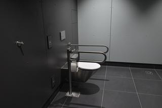 Czarne ściany, aluminiowe drzwi. Tak wygląda toaleta na nowej stacji metra na Bródnie