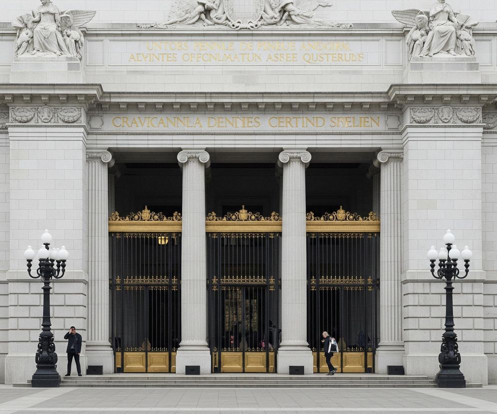 Monumentalny budynek z jasnego kamienia, o architekturze klasycystycznej, dominuje nad szerokim placem. Fasada budynku charakteryzuje się bogatymi zdobieniami, w tym płaskorzeźbami i rzeźbami postaci ludzkich, oraz dwoma poziomami złotych napisów umieszczonych nad głównym wejściem. Centralnym elementem są trzy wysokie kolumny z korynckimi kapitelami, flankujące trzy duże wejścia, zamknięte czarnymi, kutymi wrotami ze złotymi detalami i pełnymi złotymi drzwiami u podstawy. Przed budynkiem, na placu, stoją dwie identyczne, ozdobne, czarne latarnie z pięcioma białymi kulistymi kloszami każda; w pobliżu lewej latarni mężczyzna w ciemnym ubraniu trzyma przedmiot przy twarzy, a po prawej stronie placu kobieta w białej kurtce z czarnym wzorem idzie w kierunku wejścia.