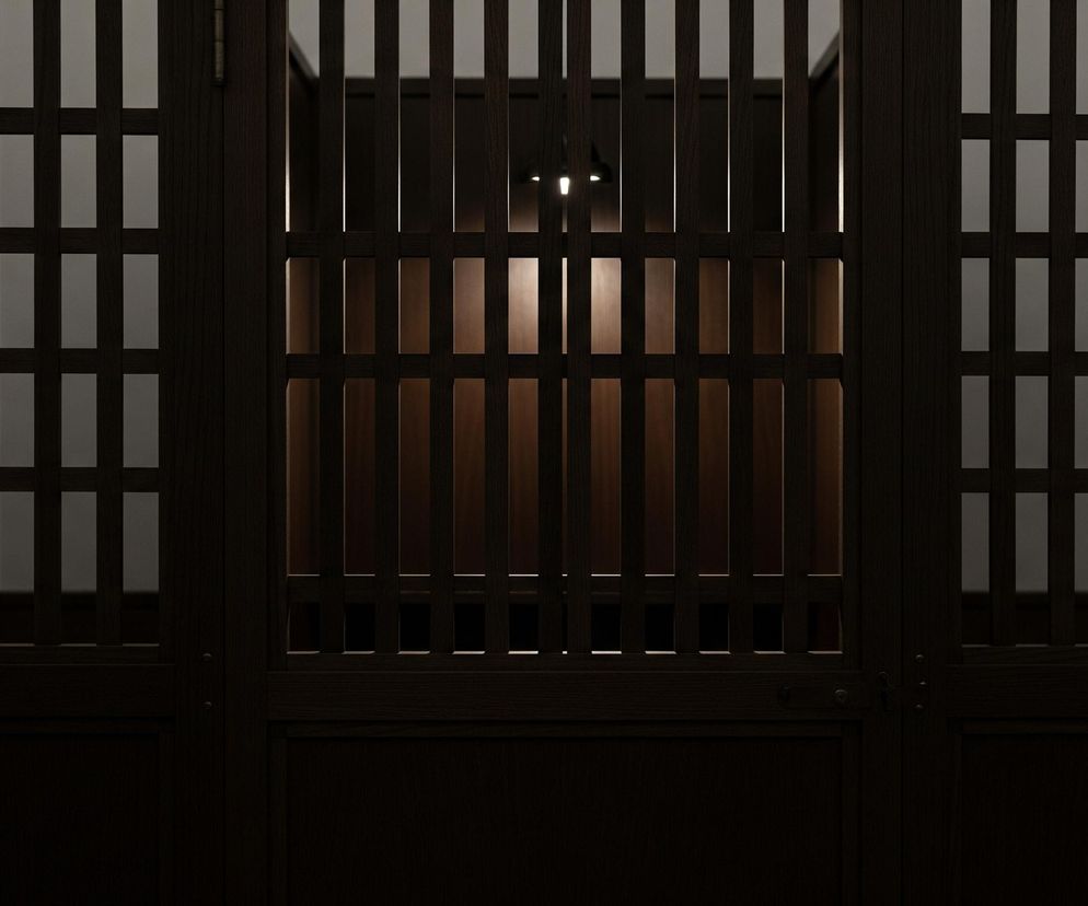 Ciemnobrązowa ściana lub przegroda z drewna z centralnymi, pionowymi i poziomymi szczebelkami dominuje w kadrze. Po lewej i prawej stronie szczebelki tworzą symetryczne, prostokątne otwory. W centralnej części, za szczebelkami, widoczne jest cieplejsze, pomarańczowo-brązowe światło, rozjaśniające pionowe powierzchnie, a na górze zwisa lampa z widocznym, jasnym punktem światła. Dolna część przegrody, poniżej szczebelków, jest jednolita, ciemnobrązowa i zacieniona.