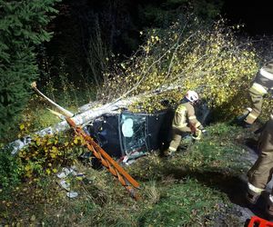 Auto wbiło się w przydrożne drzewo. Strażacy wycinali szybę