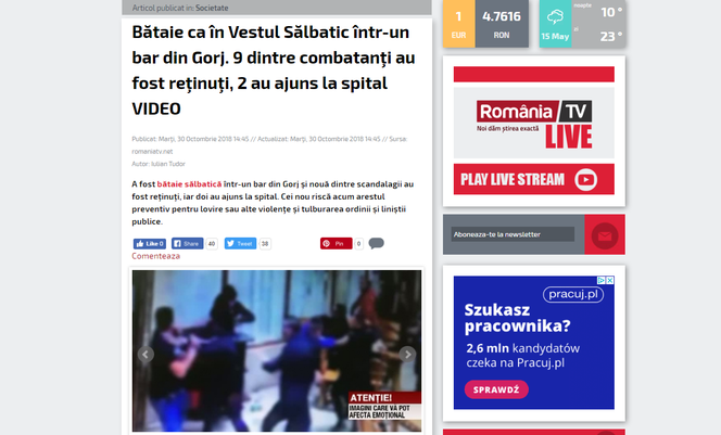 Zrzut ekranu z rumuńskiego portalu RomaniaTV.net