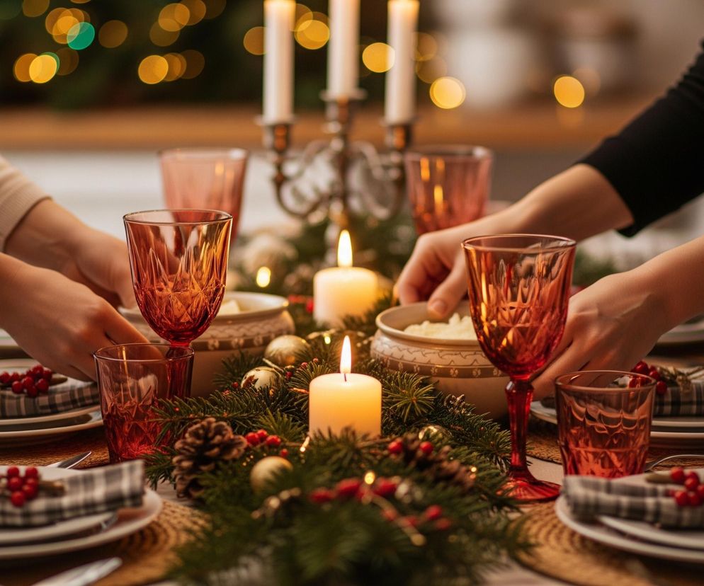 Dwie osoby nakrywające stół do Wigilii, ze świątecznymi dekoracjami, świecami i naczyniami. Ukazuje atmosferę przygotowań do świąt, mimo że wolna Wigilia to koszt 3,6 mld zł dla gospodarki, o czym przeczytasz na Super Biznes.